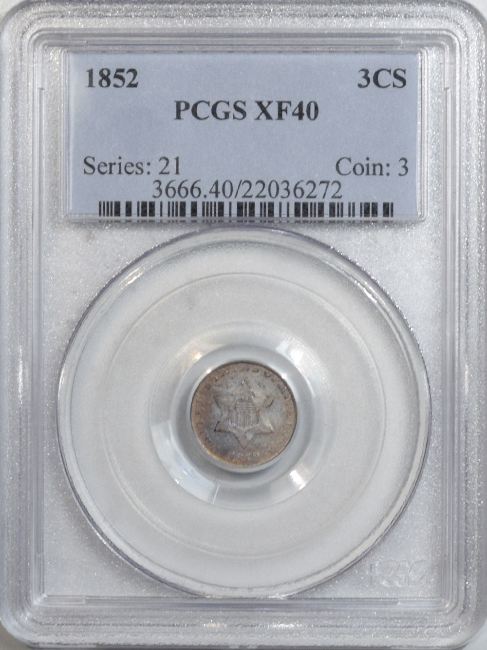 1852 THREE CENT SILVER - PCGS XF-40