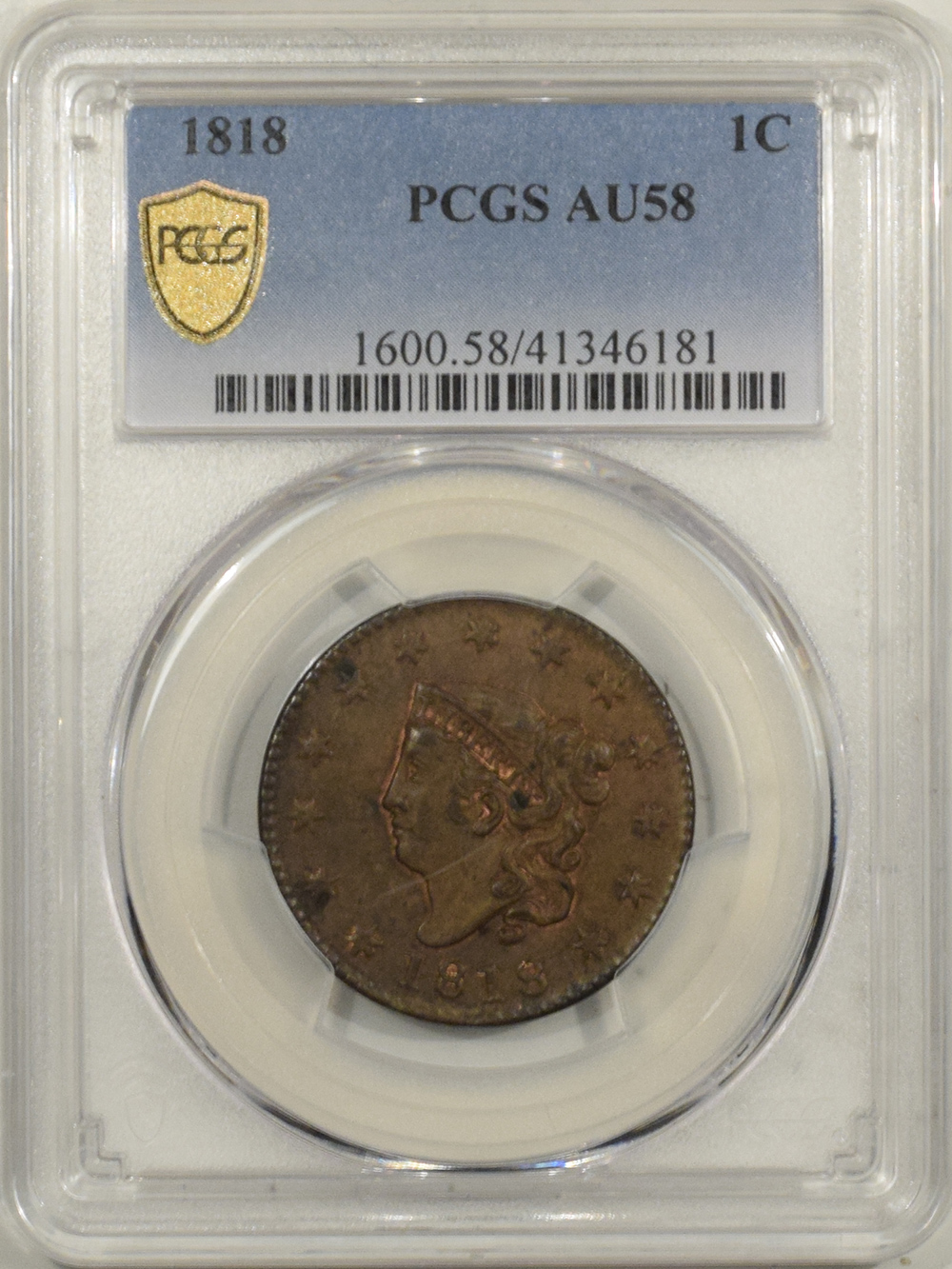 1818 CORONET HEAD LARGE CENT - PCGS AU-58, ORIGINAL SURFACES