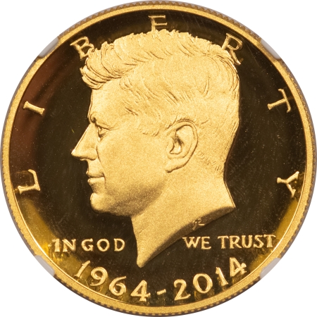 Modern Gold Commems 2014-W PROOF 50TH GOLD KENNEDY HALF DOLLAR, HIGH RELIEF – NGC PF-70 ULTRA CAMEO