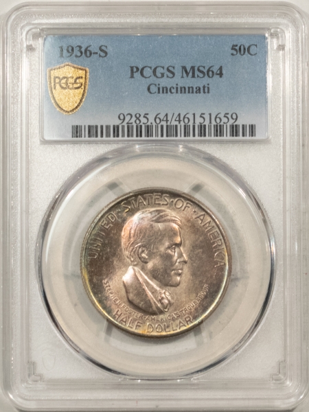 Early Commems 1936-S CINCINNATI COMMEMORATIVE HALF DOLLAR – PCGS MS-64, PQ W/ LOVELY COLOR!