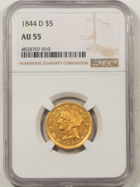 $5 1844-D $5 LIBERTY HEAD GOLD – NGC AU-55, SCARCE, ORIGINAL! DAHLONEGA MINT!