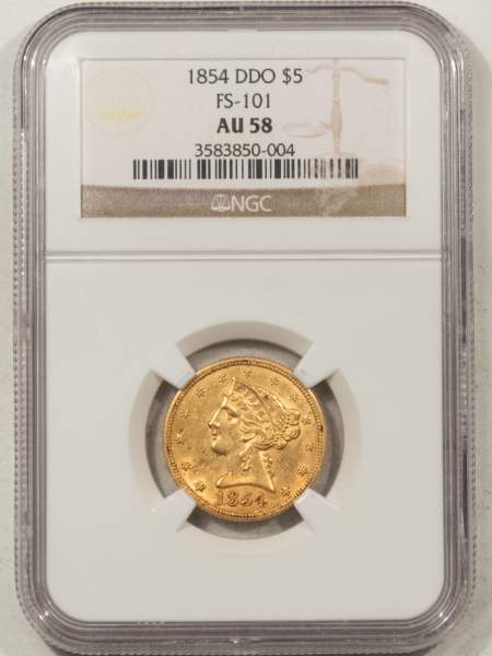 $5 1854 $5 LIBERTY HEAD GOLD, FS-101 – NGC AU-58, DOUBLED DIE OBVERSE!