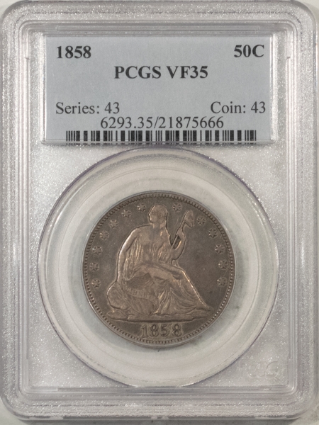 Liberty Seated Halves 1858 SEATED LIBERTY HALF DOLLAR – PCGS VF-35, REALLY NICE PREMIUM QUALITY!