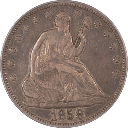 Liberty Seated Halves 1858 SEATED LIBERTY HALF DOLLAR – PCGS VF-35, REALLY NICE PREMIUM QUALITY!