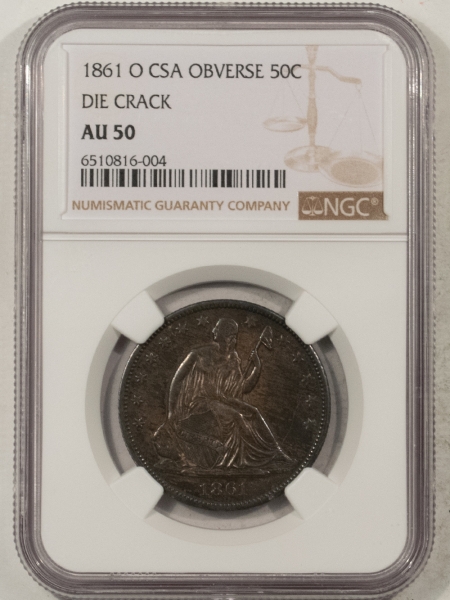 Liberty Seated Halves 1861-O LIBERTY SEATED HALF DOLLAR – CSA OBVERSE – NGC AU-50 PROMINENT DIE CRACKS