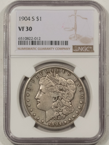 Morgan Dollars 1904-S MORGAN DOLLAR – NGC VF-30, LOOKS VF-35+, PREMIUM QUALITY, PERFECT!