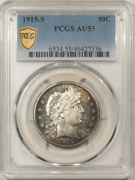 Barber Halves 1915-S BARBER HALF DOLLAR – PCGS AU-55, REALLY PRETTY!