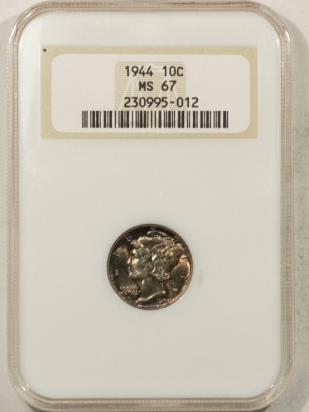 Mercury Dimes 1944 MERCURY DIME – NGC MS-67, PRETTY, OLD FATTY HOLDER!