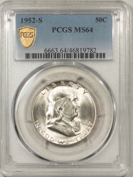 Franklin Halves 1952-S FRANKLIN HALF DOLLAR – PCGS MS-64, SO CLOSE TO FBL! PREMIUM QUALITY!