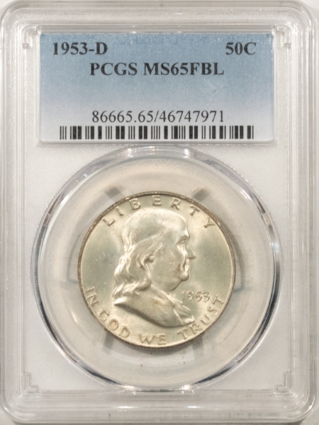 Franklin Halves 1953-D FRANKLIN HALF DOLLAR – PCGS MS-65 FBL, ORIGINAL SATINY GEM!