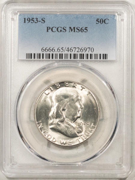 Franklin Halves 1953-S FRANKLIN HALF DOLLAR – PCGS MS-65, FRESH WHITE GEM!