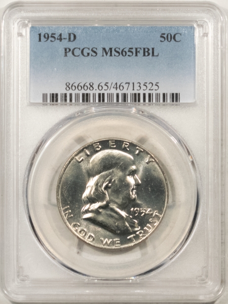 Franklin Halves 1954-D FRANKLIN HALF DOLLAR – PCGS MS-65 FBL, LUSTROUS WHITE GEM!