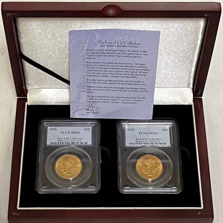 $10 1926 & 1932 $10 INDIAN GOLD EAGLES – PCGS MS-63, RIVE D’OR COLLECTION, BOX & COA