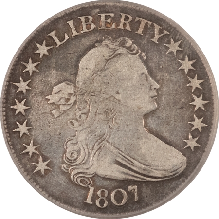 Early Halves 1807 DRAPED BUST HALF DOLLAR, ICG F12 DETAILS, SCRATCHED, NICE ARM’S LENGTH LOOK