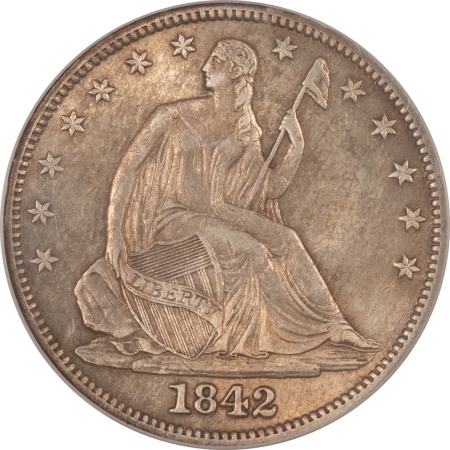 Half Dollars 1842 MEDIUM DATE LIBERTY SEATED HALF DOLLAR, ICG AU-55 DETAILS, WB-105, RPD