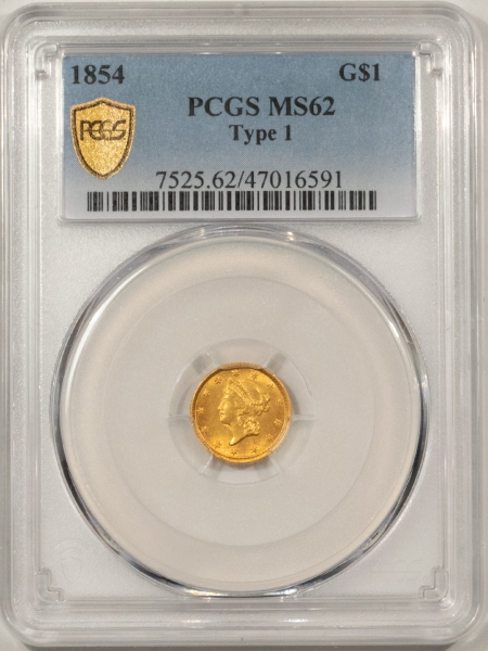 $1 1854 $1 GOLD DOLLAR, TYPE I – PCGS MS-62, FRESH & LUSTROUS, LOOKS CHOICE!