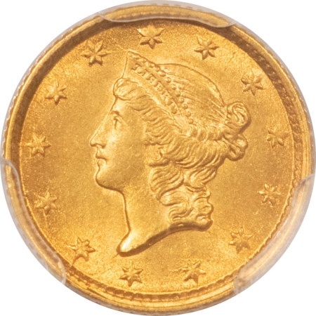 $1 1854 $1 GOLD DOLLAR, TYPE I – PCGS MS-62, FRESH & LUSTROUS, LOOKS CHOICE!