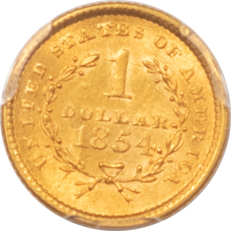 $1 1854 $1 GOLD DOLLAR, TYPE I – PCGS MS-62, FRESH & LUSTROUS, LOOKS CHOICE!