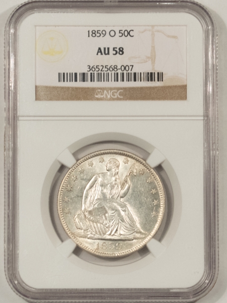 Liberty Seated Halves 1859-O LIBERTY SEATED HALF DOLLAR – NGC AU-58, FLASHY & LOOKS UNCIRCULATED!