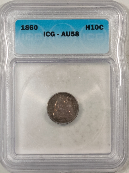 Half Dimes 1860 HALF DIME, ICG AU-58, ORIGINAL TONED & VERY NEARLY UNCIRCULATED!