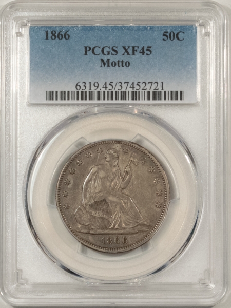 Liberty Seated Halves 1866 LIBERTY SEATED HALF DOLLAR, MOTTO – PCGS XF-45, ORIGINAL, PLEASING!