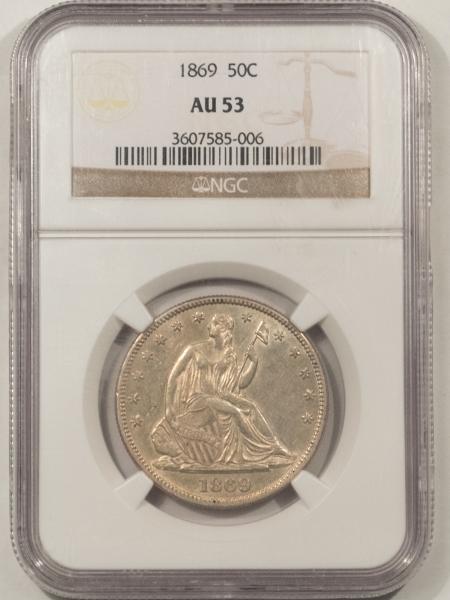 Liberty Seated Halves 1869 LIBERTY SEATED HALF DOLLAR – NGC AU-53, WELL STRUCK WITH LUSTER!