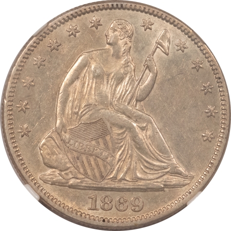 Liberty Seated Halves 1869 LIBERTY SEATED HALF DOLLAR – NGC AU-53, WELL STRUCK WITH LUSTER!