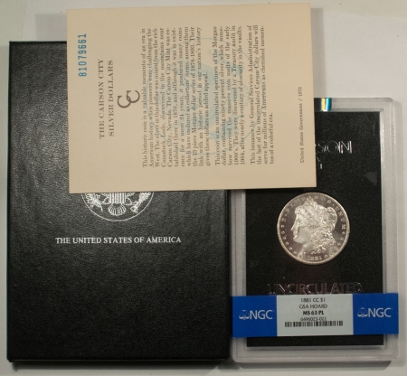 Morgan Dollars 1881-CC MORGAN DOLLAR GSA W/ BOX & CARD – BANDED NGC MS-63 PL, LOOKS DMPL, PQ!