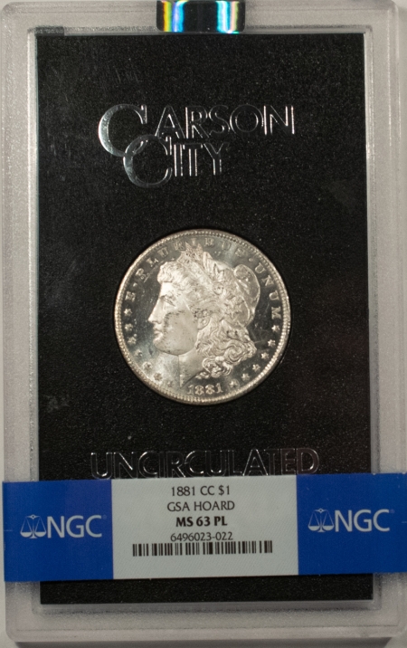 Morgan Dollars 1881-CC MORGAN DOLLAR GSA W/ BOX & CARD – BANDED NGC MS-63 PL, LOOKS DMPL, PQ!