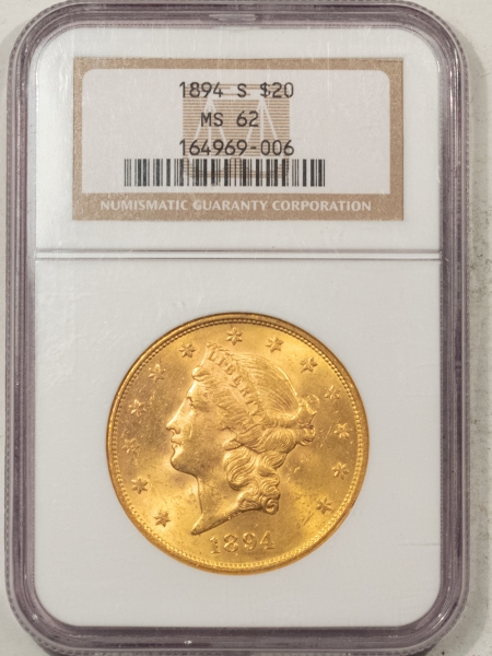 $20 1894-S $20 LIBERTY HEAD GOLD – NGC MS-62, ORIGINAL LUSTER!