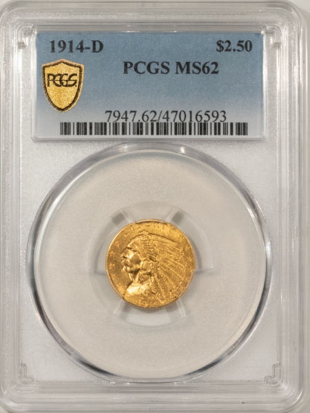 $2.50 1914-D $2.50 INDIAN HEAD GOLD – PCGS MS-62, LUSTROUS, BETTER DATE!