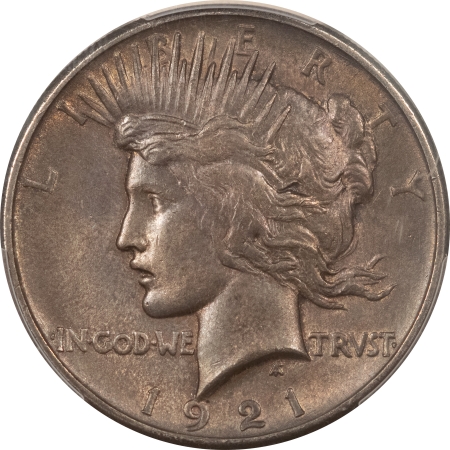 Dollars 1921 PEACE DOLLAR, HIGH RELIEF – PCGS AU-58, ORIGINAL DEEPLY TONED KEY-DATE