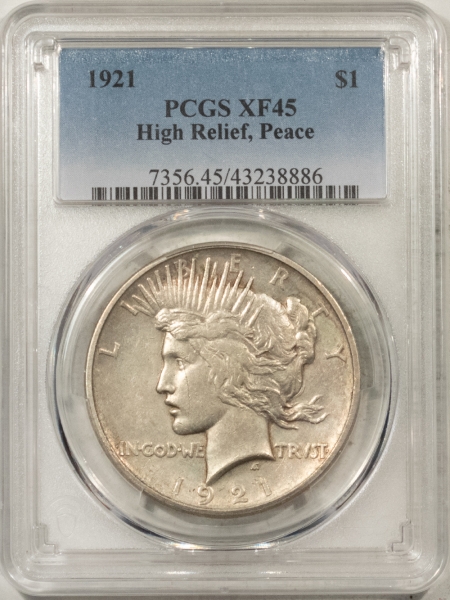 Dollars 1921 PEACE DOLLAR, HIGH RELIEF – PCGS XF-45, W/ TRACES OF LUSTER, KEY-DATE