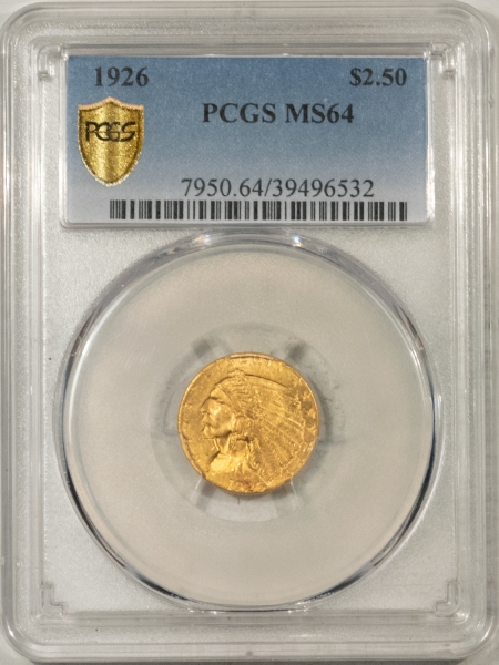 $2.50 1926 $2.50 INDIAN HEAD GOLD – PCGS MS-64, LUSTROUS & PLEASING!