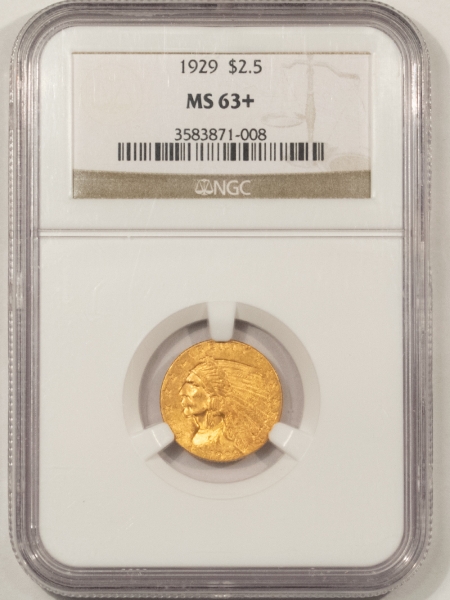 $2.50 1929 $2.50 INDIAN HEAD GOLD – NGC MS-63+, LOOKS 64+, PREMIUM QUALITY!