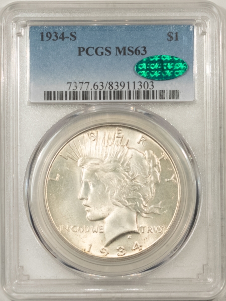 CAC Approved Coins 1934-S PEACE DOLLAR – PCGS MS-63, ORIGINAL WHITE, WELL STRUCK & CAC APPROVED!