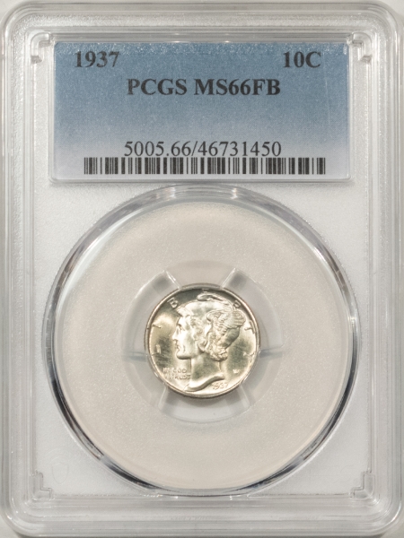 Mercury Dimes 1937 MERCURY DIME – PCGS MS-66 FB, SUPERB GEM WITH ORIGINAL SKIN!