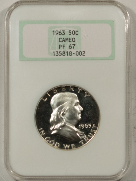 Franklin Halves 1963 PROOF FRANKLIN HALF DOLLAR – NGC PF-67 CAMEO, OLD GREEN FATTIE HOLDER, PQ!