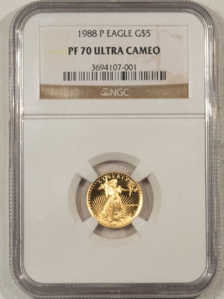 American Gold Eagles, Buffaloes, & Liberty Series 1988-P PROOF 1/10 OZ $5 AMERICAN GOLD EAGLE – NGC PF-70 ULTRA CAMEO, PERFECT!