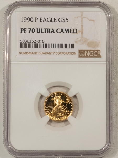 American Gold Eagles, Buffaloes, & Liberty Series 1990-P PROOF 1/10 OZ $5 AMERICAN GOLD EAGLE – NGC PF-70 ULTRA CAMEO, PERFECT!