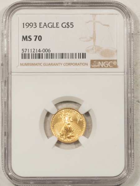 American Gold Eagles, Buffaloes, & Liberty Series 1993 1/10 OZ $5 AMERICAN GOLD EAGLE – NGC MS-70, PERFECT!