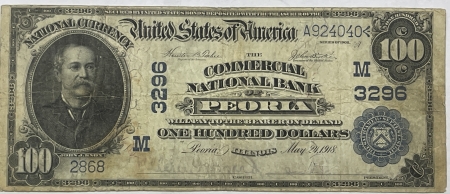 Large National Currency 1902 SERIES $100 PB (1918) FR-697, CHTR 3266 COMMERCIAL NB OF PEORIA, IL; FINE