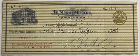 Documents & Autographs 1929 B. MAX MEHL (LEGENDARY COIN DEALER) LARGE, GRAPHIC FORT WORTH COMPANY CHECK