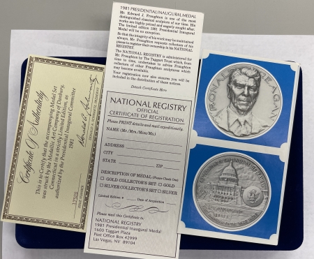 Exonumia 1981 RONALD REAGAN 4 PIECE INAUGURAL MEDAL SET W/ 2 SILVER MEDALS GEM & ORIGINAL