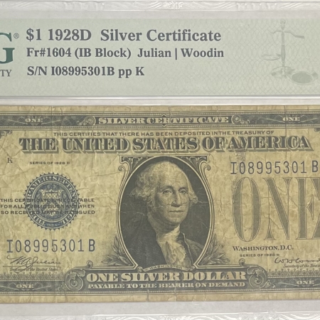 U.S. Currency 1928-D $1 SILVER CERTIFICATE, FR-1604, KEY DATE, PMG CH FINE-15, HONEST & FRESH!