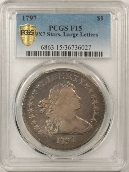 Dollars 1797 DRAPED BUST DOLLAR, 9X7 STARS, LARGE LETTERS – PCGS F-15, SMOOTH, TOUGH!