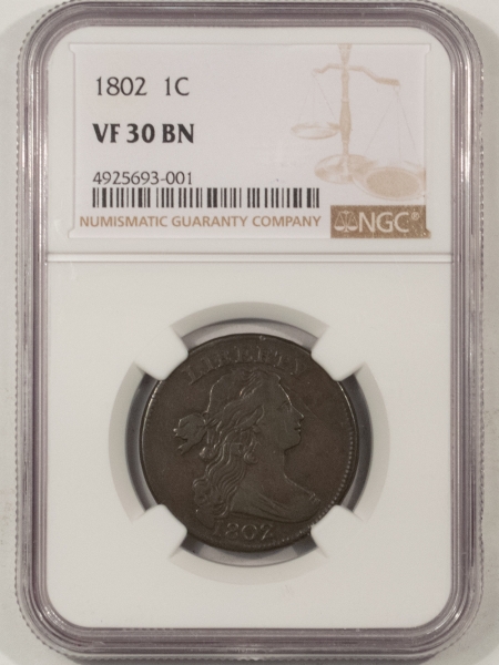 Draped Bust Large Cents 1802 DRAPED BUST LARGE CENT – NGC VF-30 BN, NICE PLANCHET, PROBLEM FREE!