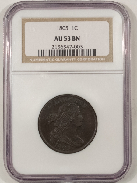 Draped Bust Large Cents 1805 DRAPED BUST LARGE CENT – NGC AU-53 BN, REALLY NICE QUALITY!