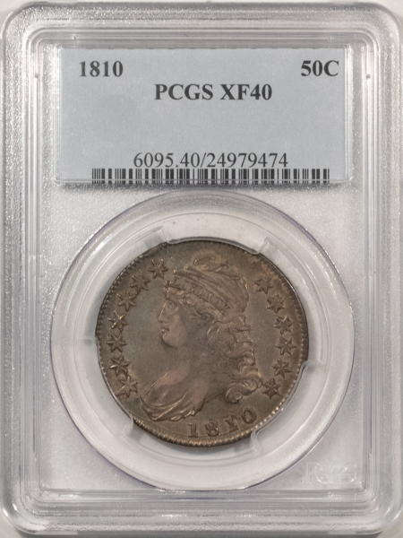 Early Halves 1810 CAPPED BUST HALF DOLLAR – PCGS XF-40, NICE ORIGINAL!