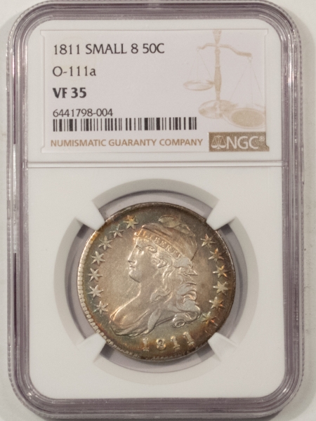 Early Halves 1811 CAPPED BUST HALF DOLLAR, SMALL 8, O-111a – NGC VF-35, PRETTY!